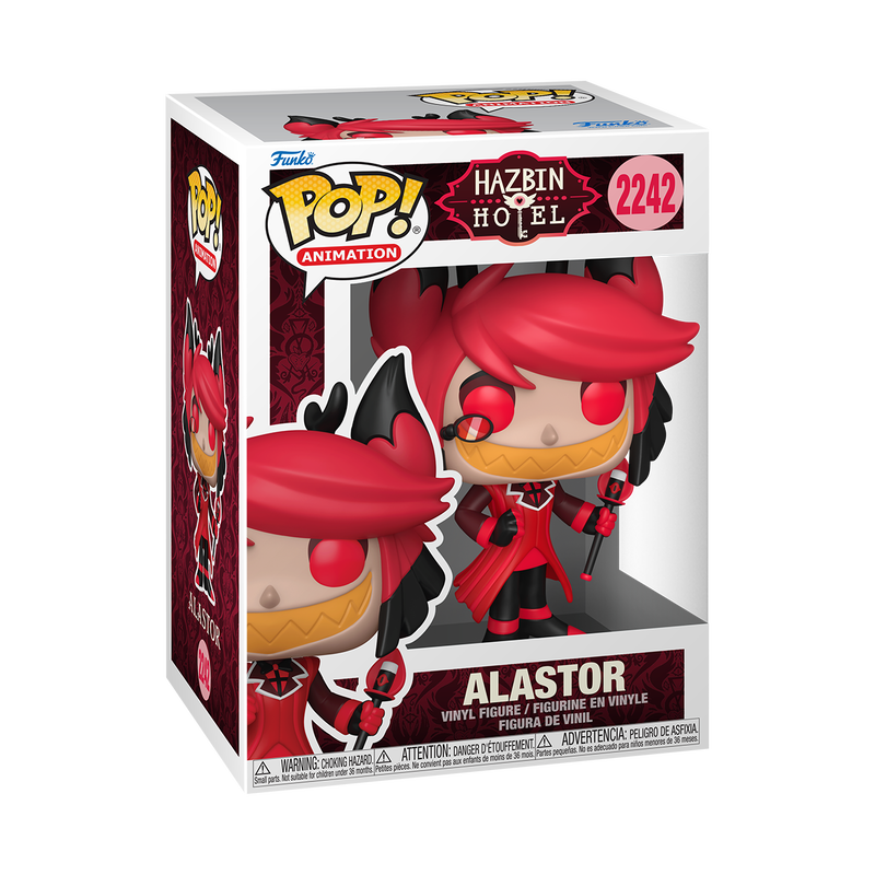 Funko Pop! Hazbin Hotel - Alastor Vinyl Figure in box showcasing the stylish design of the Radio Demon character.
