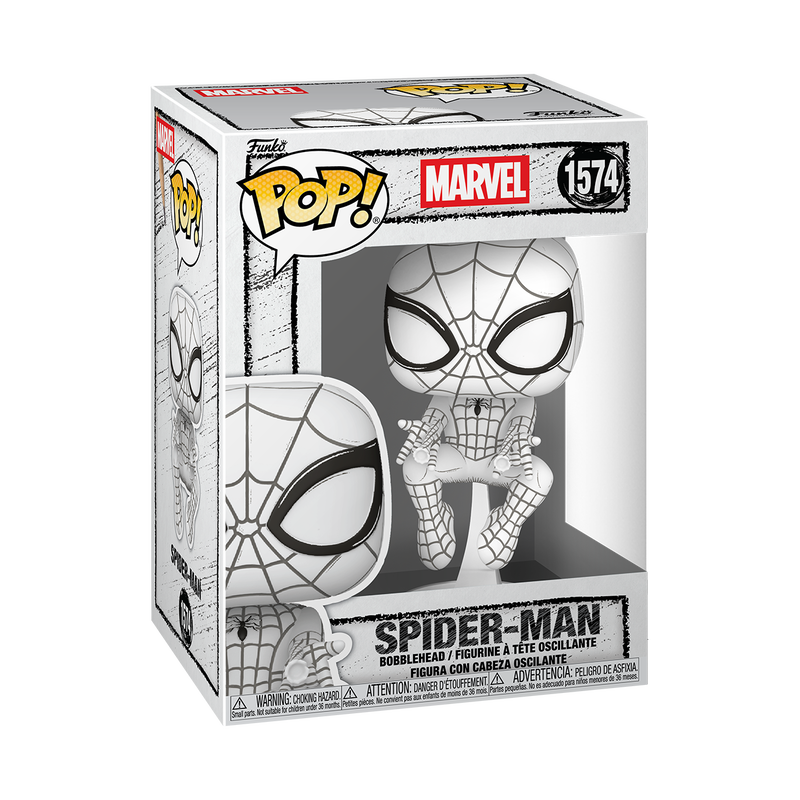 Funko Pop! Marvel: Sketched - Spider-Man Vinyl Figure in monochrome design packaging.