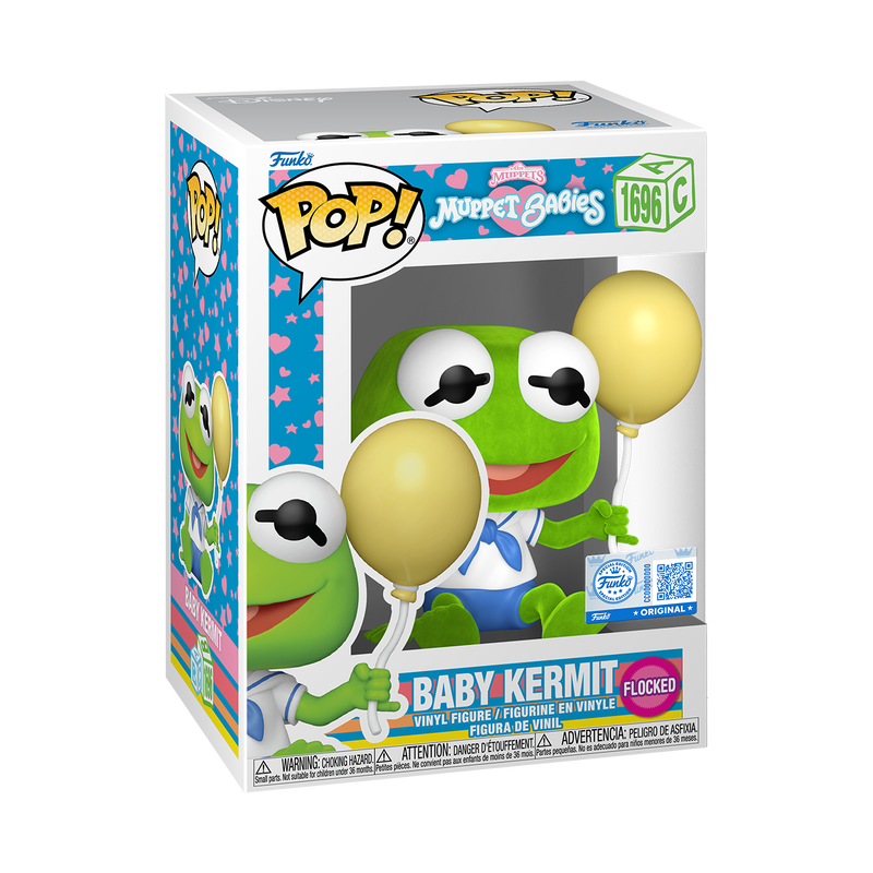 Funko Pop! Muppets - Baby Kermit Flocked Vinyl Figure in collectible packaging with balloons.