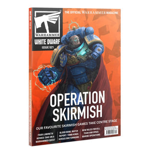 Warhammer magazine cover featuring a character in blue armor with 'Operation Skirmish' text on an orange background