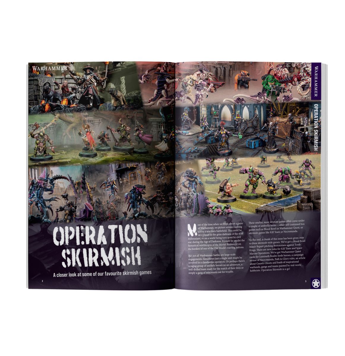Open book showing pages with miniature game scenes and 'Operation Skirmish' text.