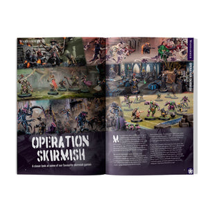 Open book showing pages with miniature game scenes and 'Operation Skirmish' text.