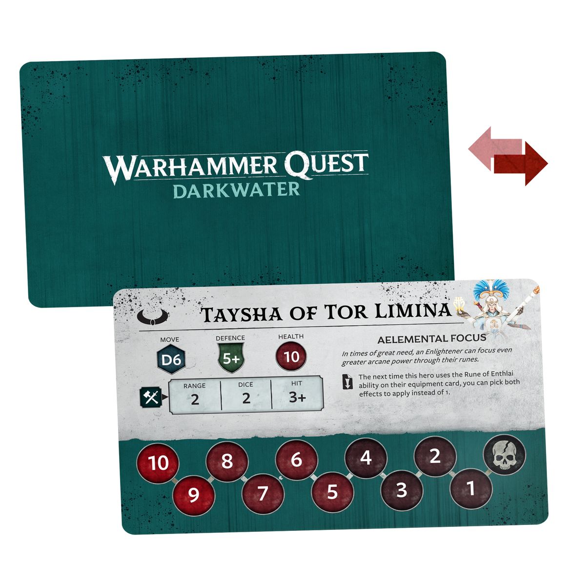 Warhammer Quest Darkwater game card with character details and dice roll display.
