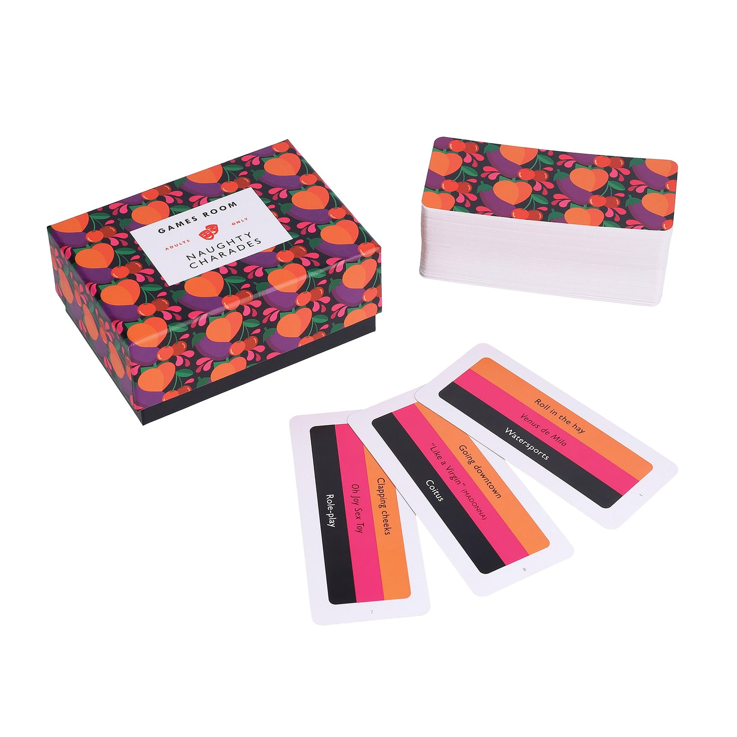 Games Room Naughty Charades game box with colorful cards for adult party fun.