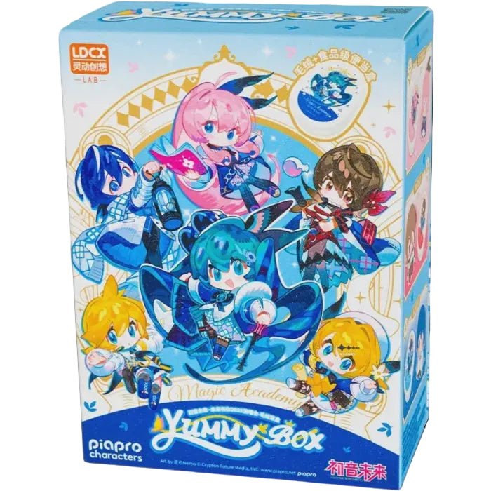 A boxed product package for LDCX Piapro Characters Yummy Box, featuring colorful anime-style character artwork on a light blue box against a black background.