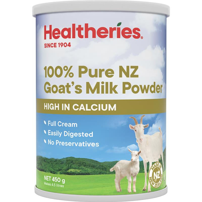 Healtheries 100% Pure NZ Goat's Milk Powder container with a scenic label