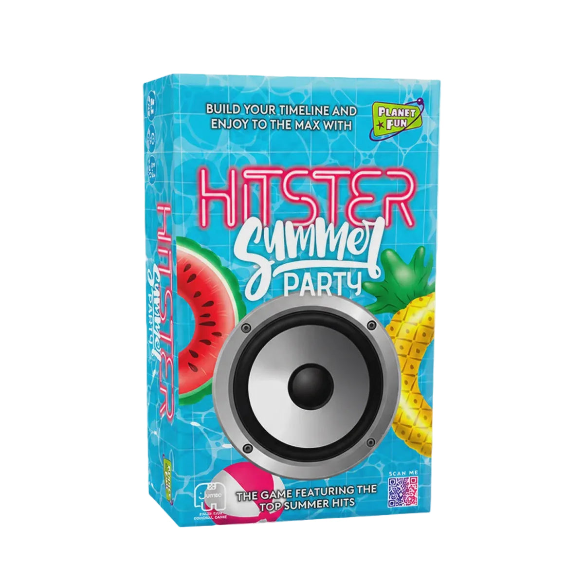 Hitster Summer Party board game box featuring a bright blue water-textured background, a large speaker graphic, watermelon and pineapple illustrations, and the game title in bold pink and white lettering.