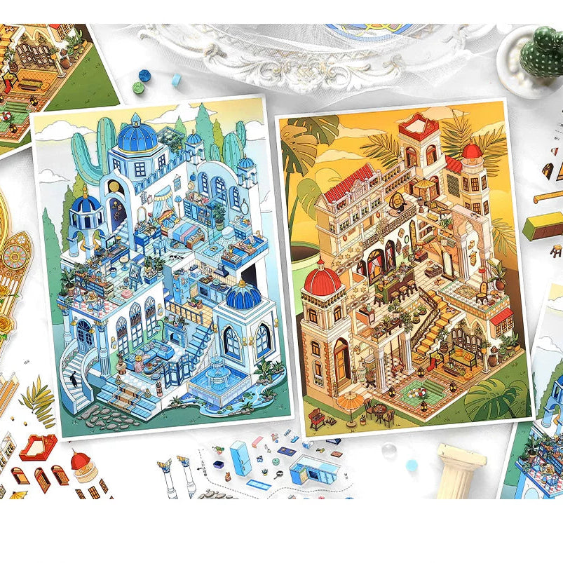 Children's building block sets with illustrated cityscapes on a white surface.