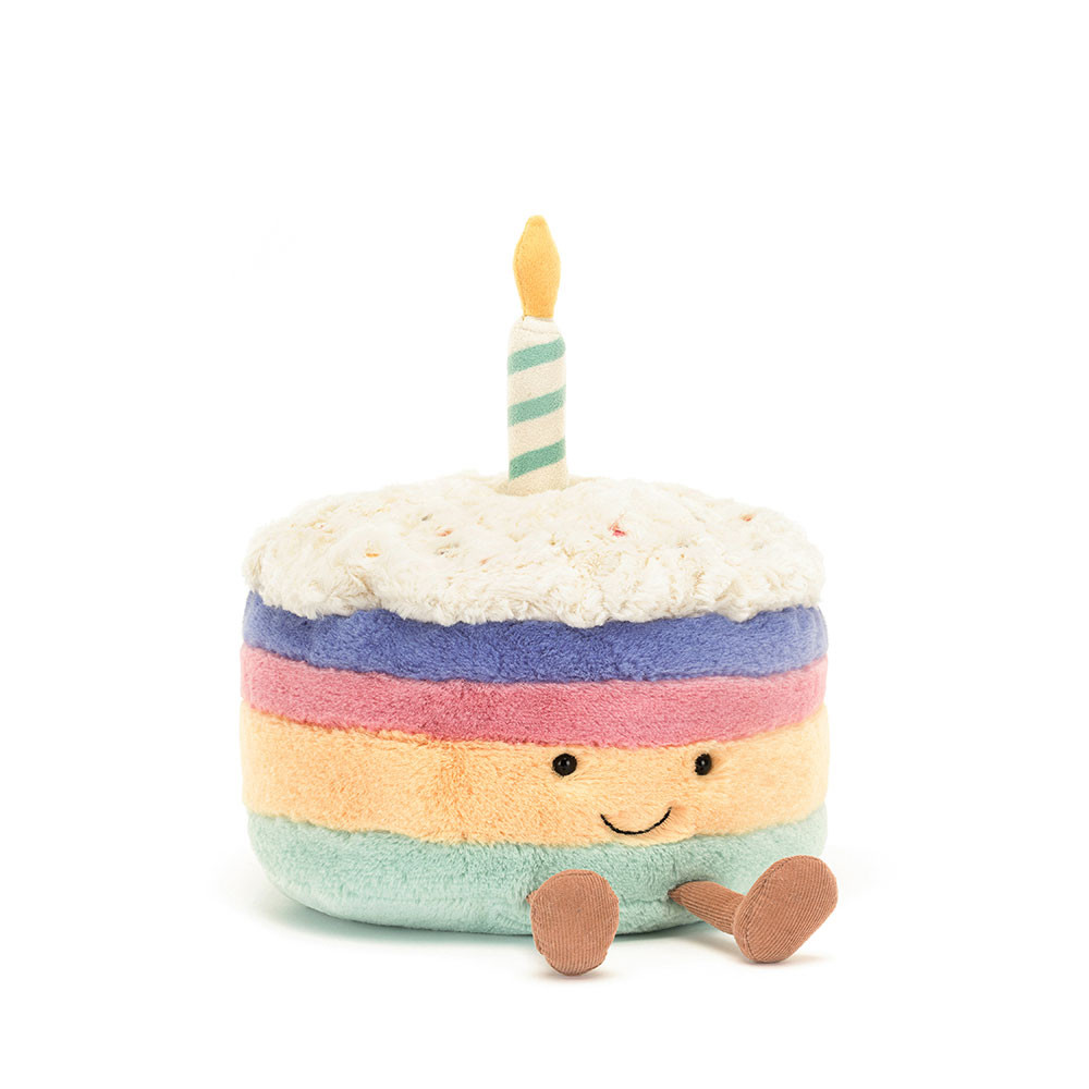 Jellycat Amuseables Rainbow Birthday Cake plush toy with colorful layers and a candle, perfect for celebrations.