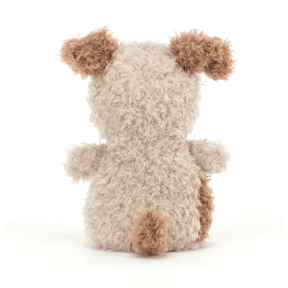 Back view of Jellycat Little Pup, featuring soft, fluffy fur and floppy ears, perfect for cuddles.