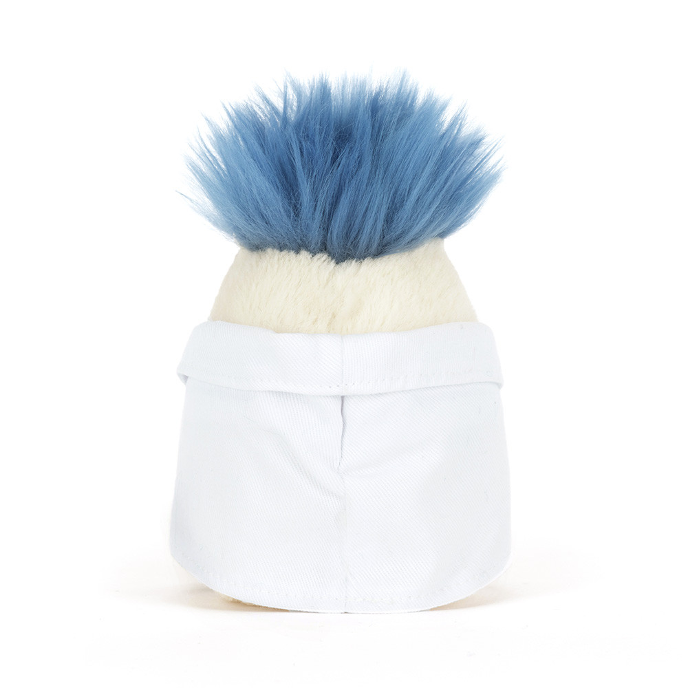 Jellycat Amuseables Boiled Egg Scientist Outfit featuring a soft plush egg in a lab coat with blue hair.