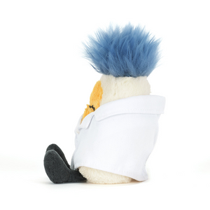 Jellycat Amuseables Boiled Egg Scientist Outfit plush toy in lab coat with blue tufted hair.