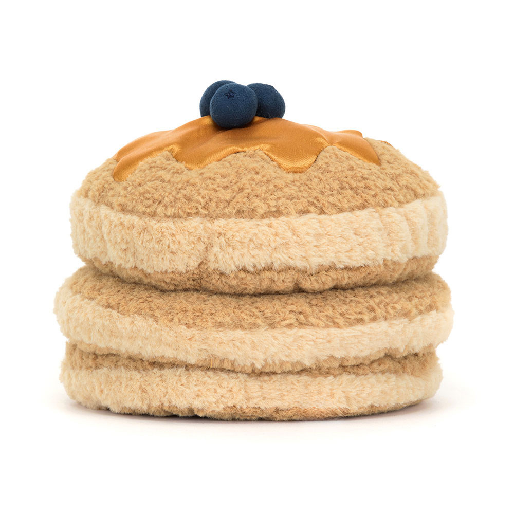 Jellycat Amuseables Fran Pancakes plush toy stack with syrup and blueberries.