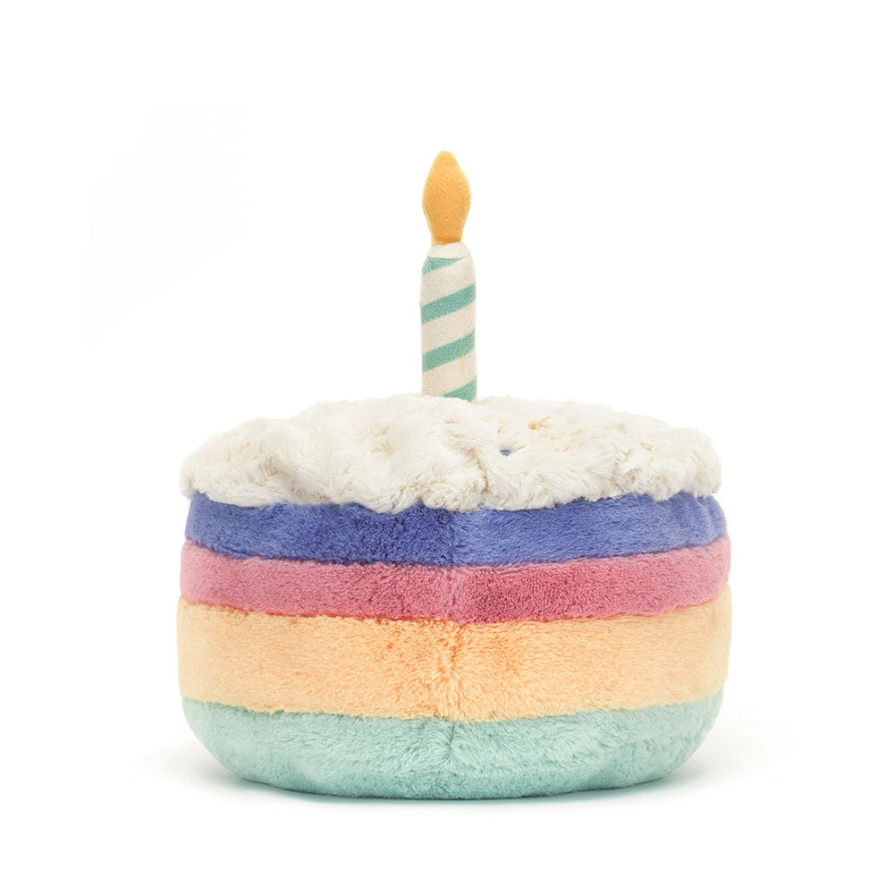 Jellycat Amuseables Rainbow Birthday Cake plush toy with colorful layers and candle detail.