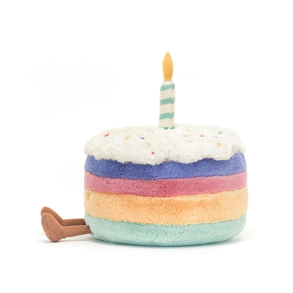 Jellycat Amuseables Rainbow Birthday Cake plush with colorful layers and candle, perfect for celebrating every day.