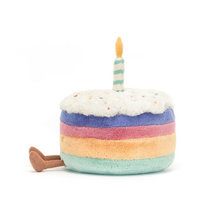 Jellycat Amuseables Rainbow Birthday Cake plush with colorful layers and candle, perfect for celebrating every day.