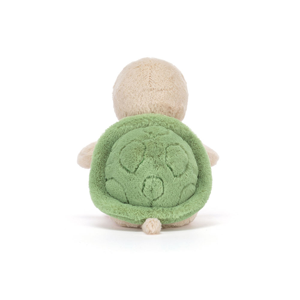 Jellycat Thimble Turtle plush toy showcasing its soft green shell and adorable design from the back.