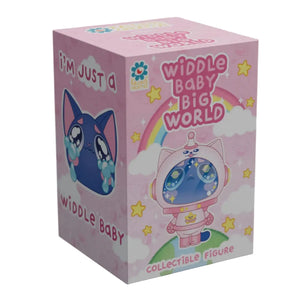 A pink product box for a 'Widdle Baby Big World' collectible figure, shown with black dimension lines indicating 6 inches tall by 4 inches wide. The box features cartoon artwork of a blue cat-like character and a pink astronaut character with rainbow and star details.