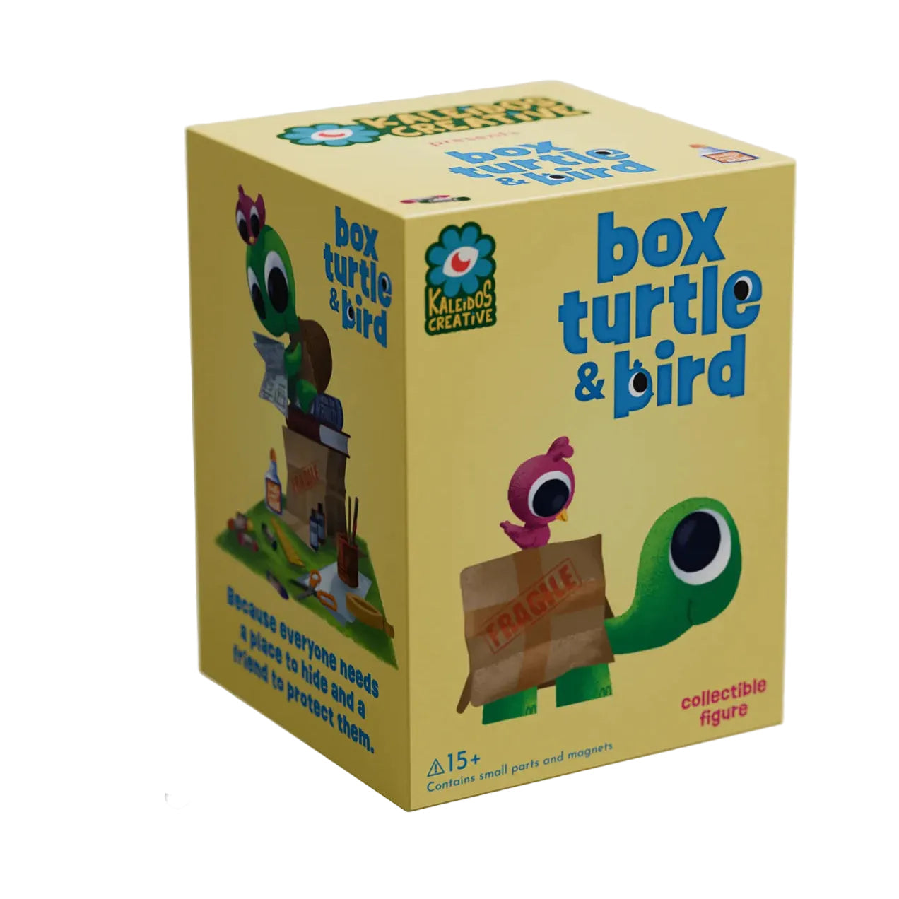 A yellow product box for a collectible figure, shown on a light gray background with black dimension lines indicating 4.25 inches tall and 3 inches wide.