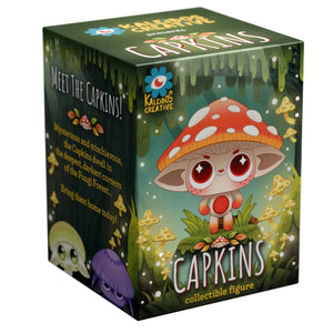 Box packaging for Capkins collectible figures with a cartoon mushroom character on a green background.