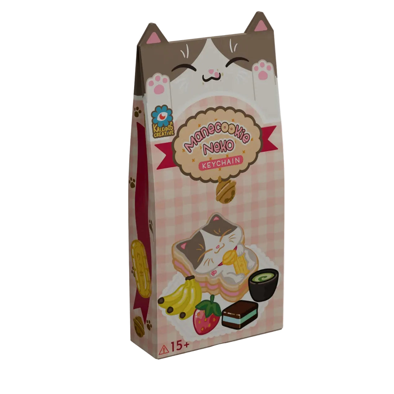 Cardboard packaging with a cat design and dimensions indicated