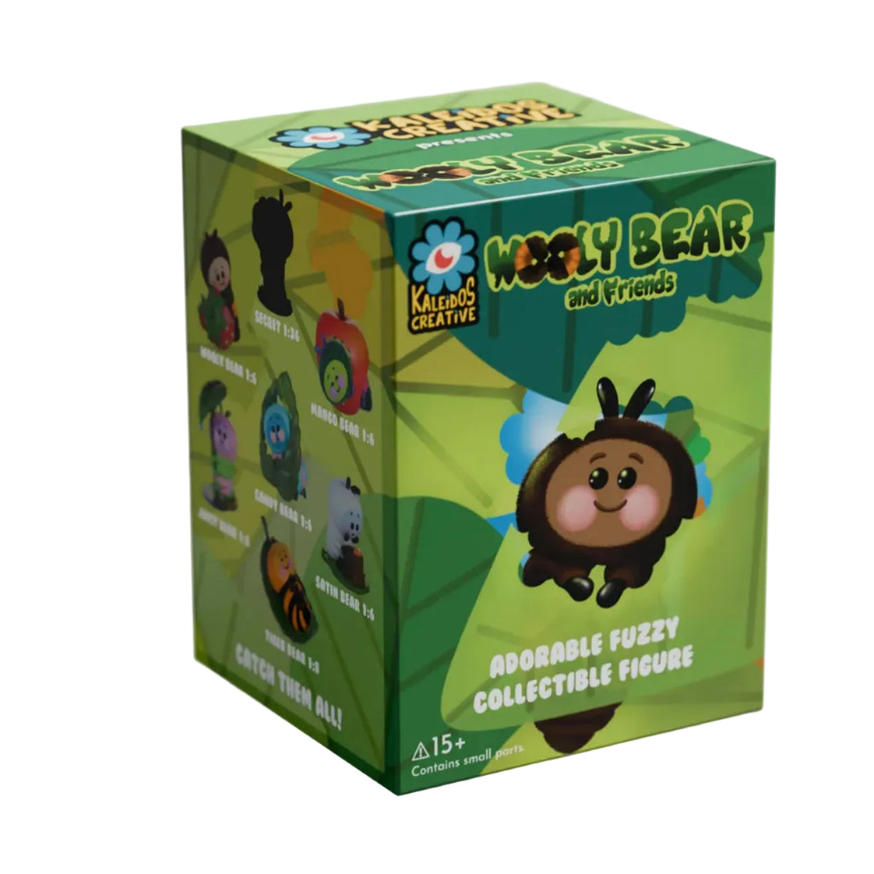Box of 'Wooly Bear and Friends' collectible figures with dimensions indicated