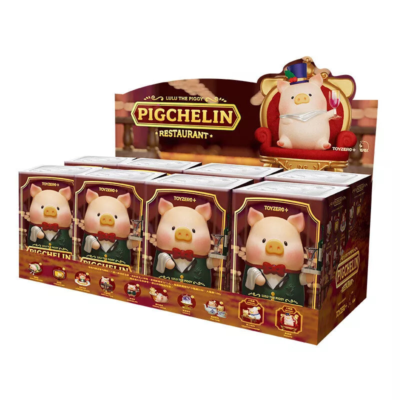 Pig-themed restaurant menu with plush toy figure on a white background