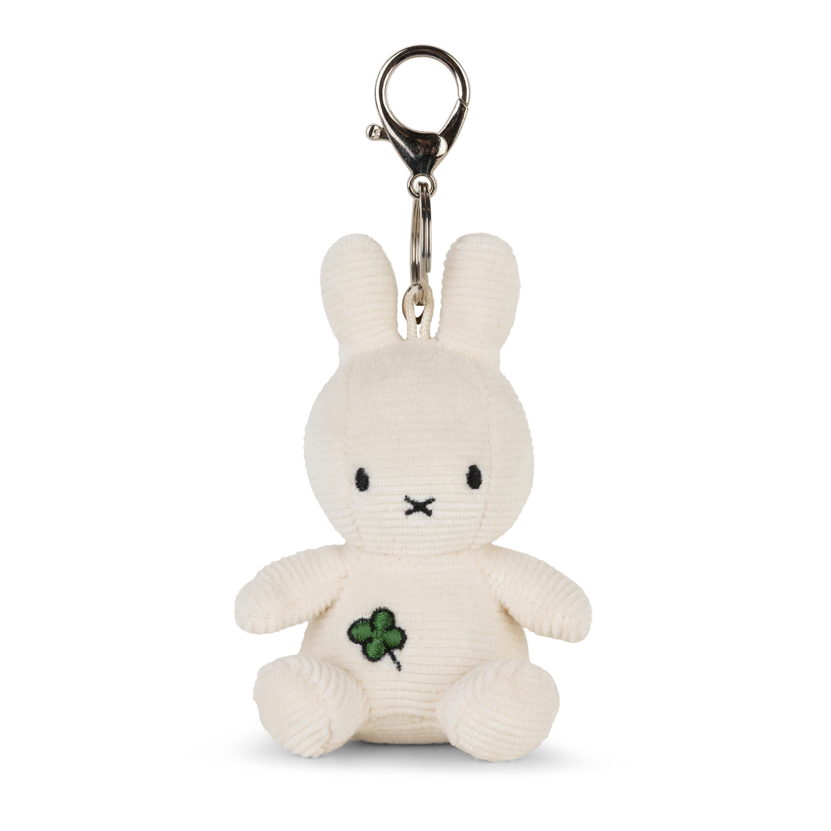 Miffy Four Leaf Clover Keychain Offwhite 10 cm featuring Miffy holding a lucky clover plush design.
