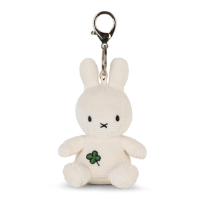 Miffy Four Leaf Clover Keychain Offwhite 10 cm featuring Miffy holding a lucky clover plush design.