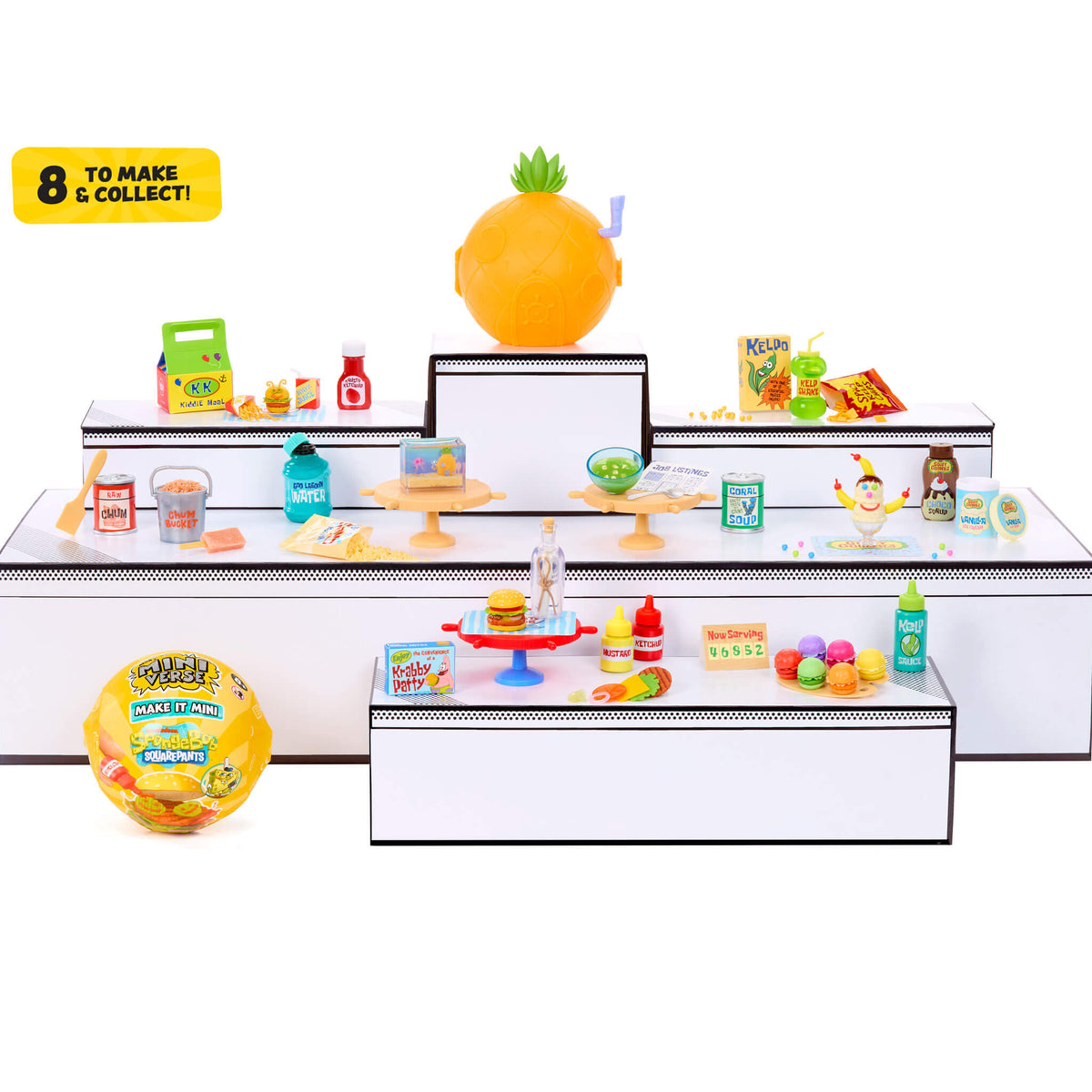 Miniverse Make It Mini SpongeBob Blind Box Collectible display featuring iconic foods and scenes from Bikini Bottom.