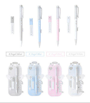 Set of pens with different colors and designs on a white background