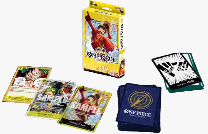 One Piece trading card game packaging and cards on a white background