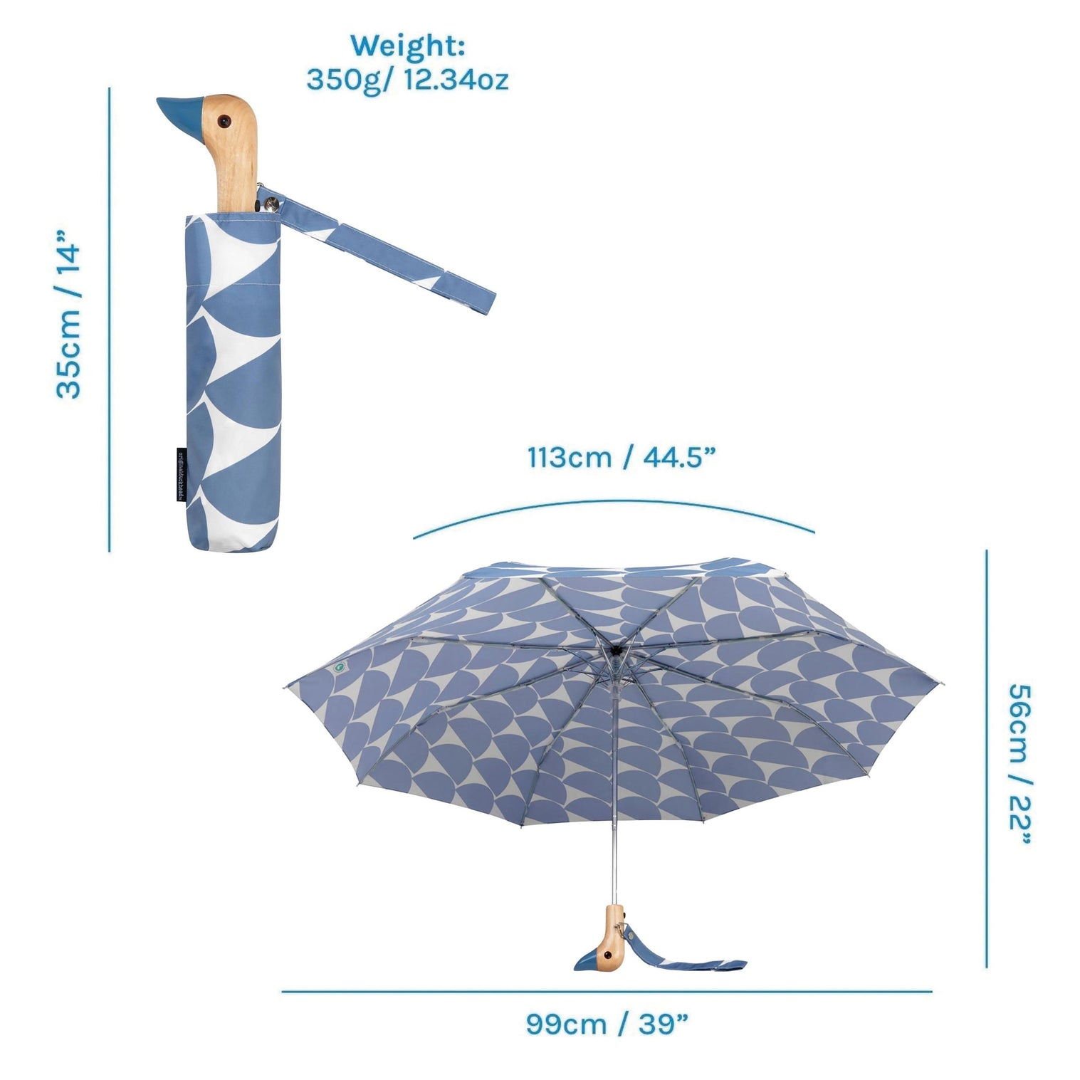 Original DuckHead Duck Umbrella Denim Moon with duck-head handle and eco-friendly design, shown open and folded with size dimensions.