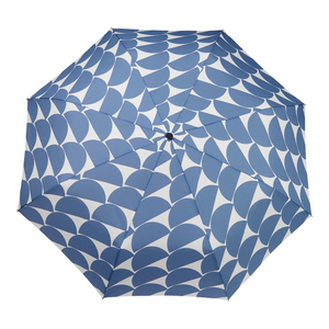Original DuckHead Duck Umbrella Denim Moon with blue and white patterned canopy open.
