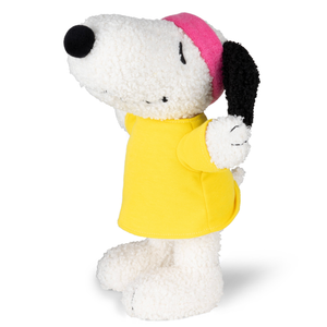 Peanuts Snoopy Flashbeagle plush toy dressed in a yellow shirt and pink headband, inspired by 80s dance style.
