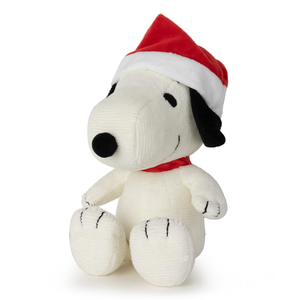 Peanuts Snoopy Sitting with Christmas Hat plush in a festive red hat, perfect for holiday celebrations and cuddles.