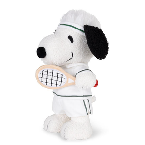 Peanuts Tennis Snoopy plush toy dressed in tennis attire, holding a tennis racket, showcasing a fun and sporty design.