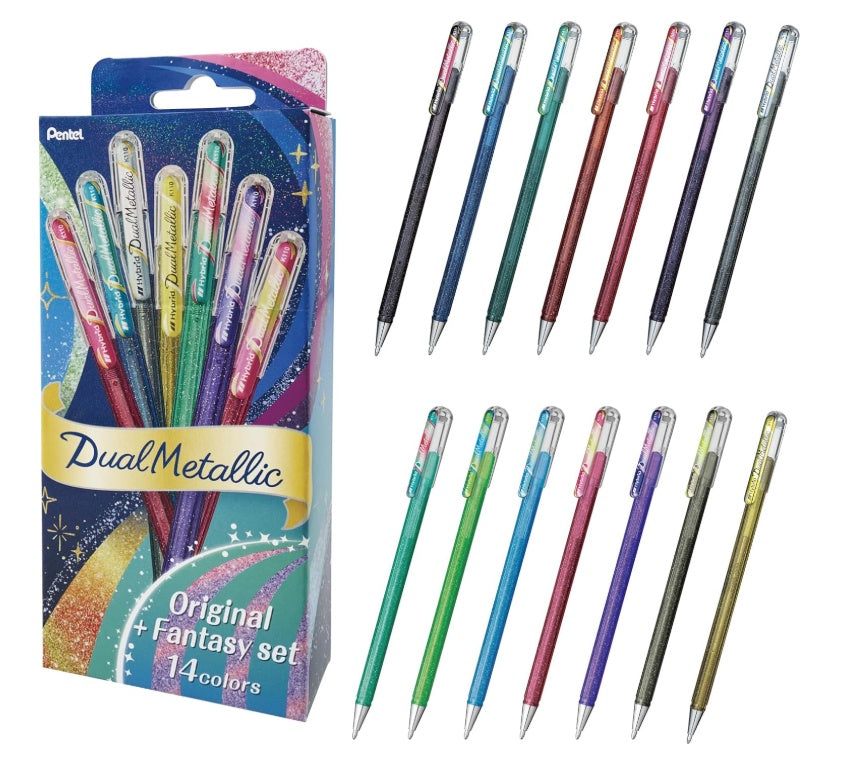 Pentel Dual Metallic 14 Colours Gel Ballpoint Pen Original+Fantasy Set with vibrant colors and glitter effects.