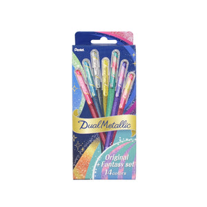 Packaging of Dual Metallic highlighters with colorful design on a white background