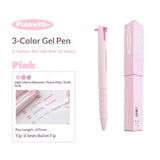 Planwith "Sign" Collection Triangle Multi-color Pen Three-color 0.5mm Gel Pen in pink with packaging and writing samples.
