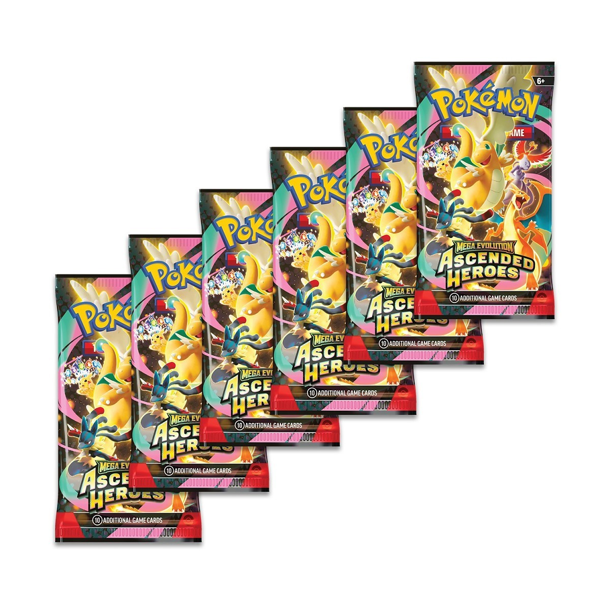 Six booster packs of Pokemon TCG Mega Evolution Ascended Heroes showcasing vibrant artwork and exciting gameplay.