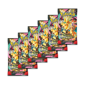 Six booster packs of Pokemon TCG Mega Evolution Ascended Heroes showcasing vibrant artwork and exciting gameplay.