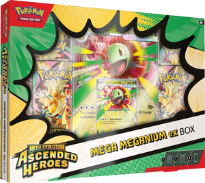 Pokemon TCG Mega Evolution Ascended Heroes ex Box featuring Mega Meganium ex and booster packs.