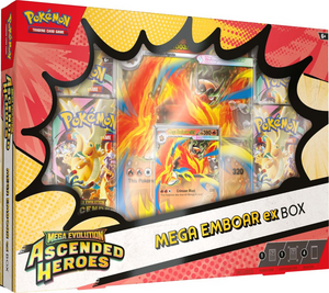 Pokemon TCG Mega Evolution Ascended Heroes ex Box featuring Mega Emboar ex card and booster packs.