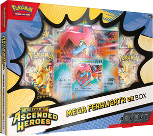 Pokemon TCG Mega Evolution Ascended Heroes ex Box featuring Mega Feraligatr ex and booster packs.