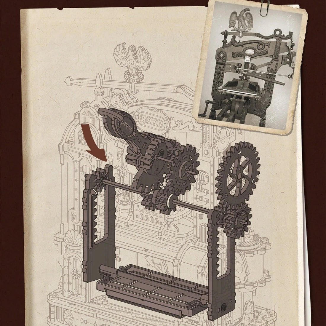 ROKR Classic Printing Press Mechanical 3D Puzzle DIY Kit, image 8