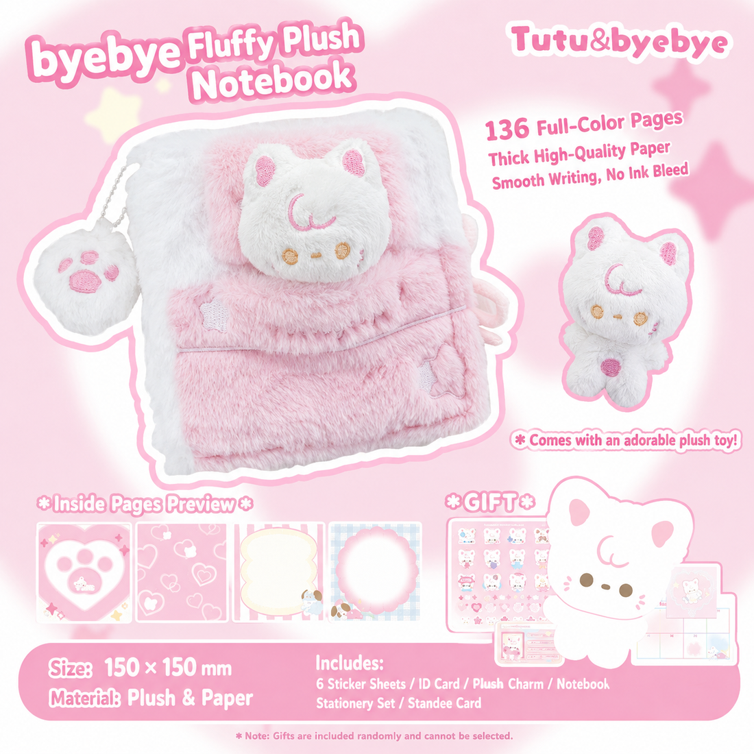RosyPosy Tutu & Byebye Sleeping Plush Cat & Dog Loose-Leaf Notebook with Plush Cover, image 3