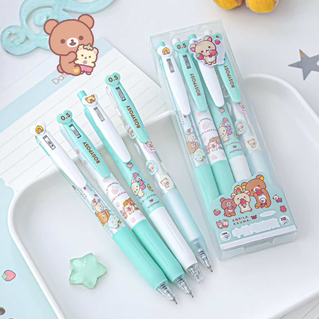 RosyPosy × Korilakkuma Strawberry-themed 0.5mm Black Ink Gel Pen Set - 4 Pack, image 6