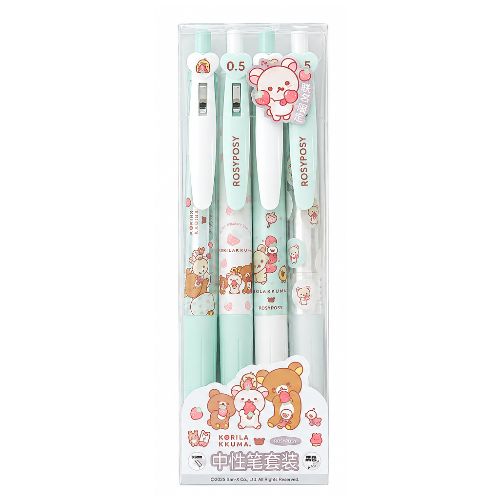 RosyPosy × Korilakkuma Strawberry-themed 0.5mm Black Ink Gel Pen Set - 4 Pack, image 4