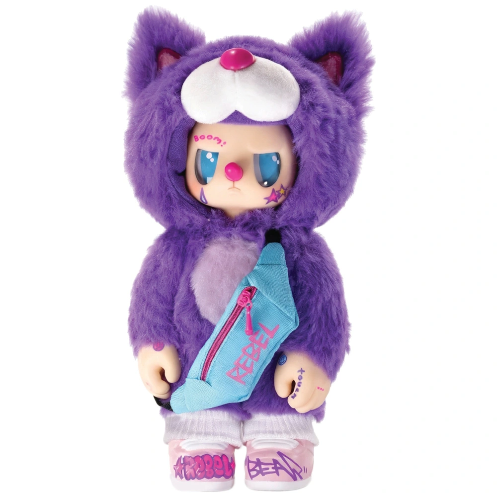 Rebel Bear Moveable Bag Series Blind Box featuring a purple bear character with a mini bag accessory.